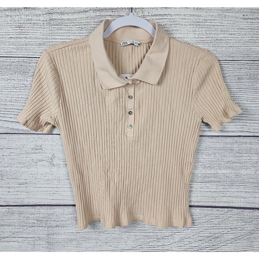 Zara Ribbed Collared Short Sleeve Crop Top Pink Size Large